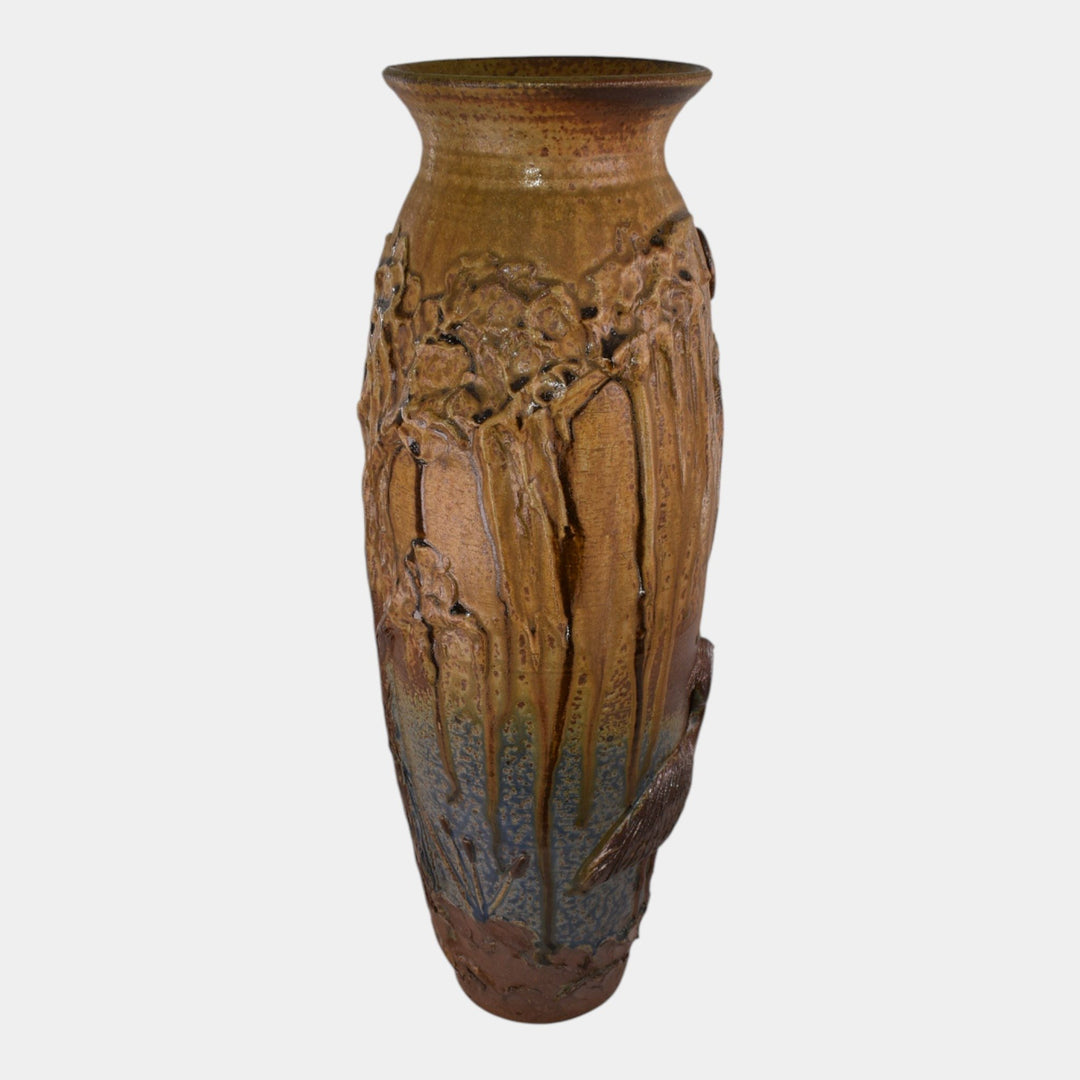 Door Studio Art Pottery Hand Thrown Brown Heron At Night Floor Vase - Just Art Pottery
