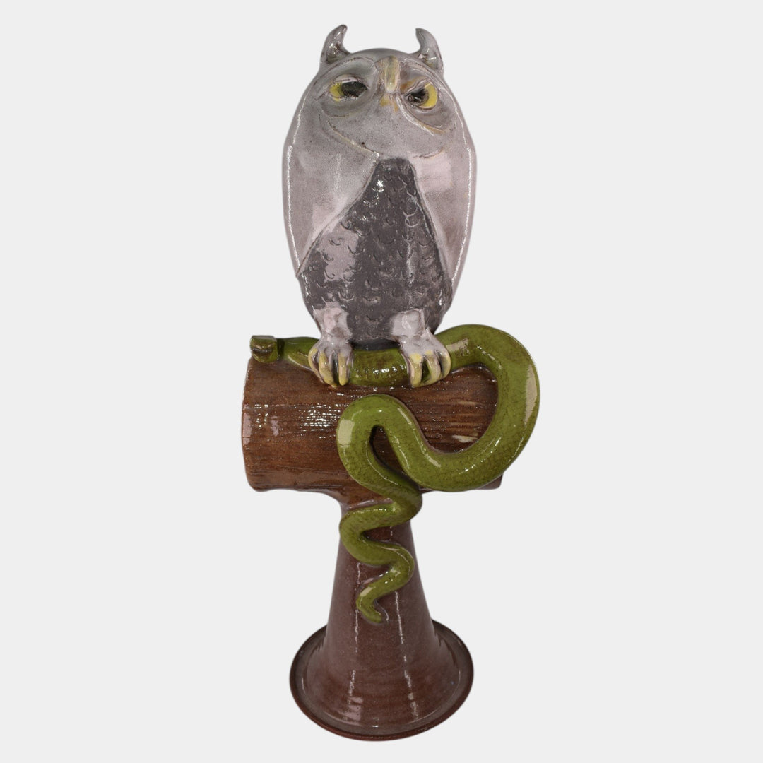 Marvin Bailey Folk Art Pottery Ceramic Perched Owl And Snake Statue - Just Art Pottery