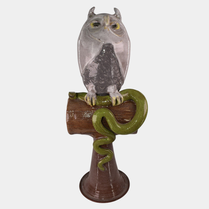 Marvin Bailey Folk Art Pottery Ceramic Perched Owl And Snake Statue - Just Art Pottery