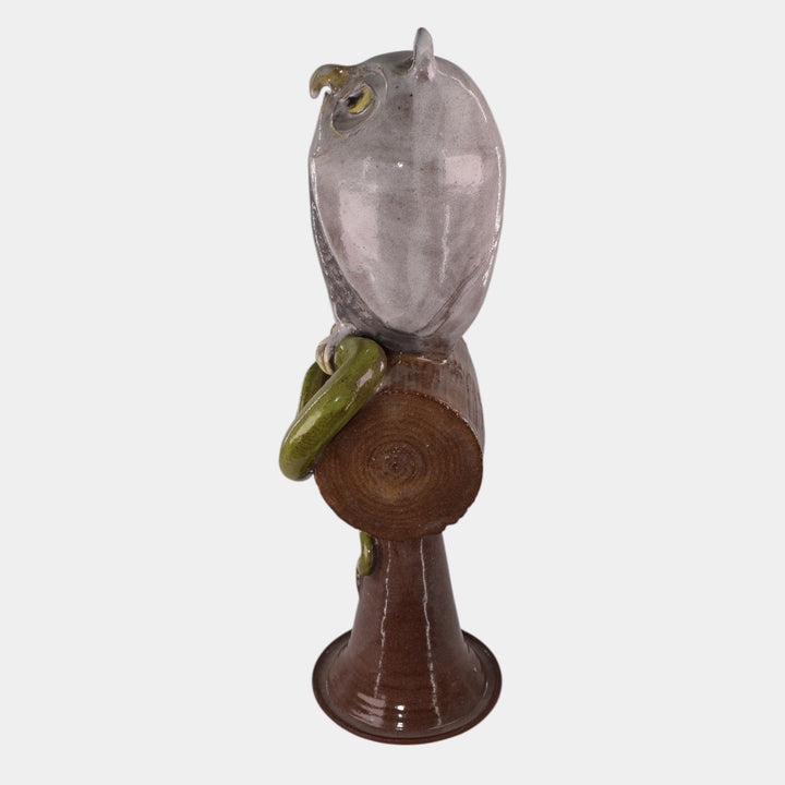 Marvin Bailey Folk Art Pottery Ceramic Perched Owl And Snake Statue - Just Art Pottery