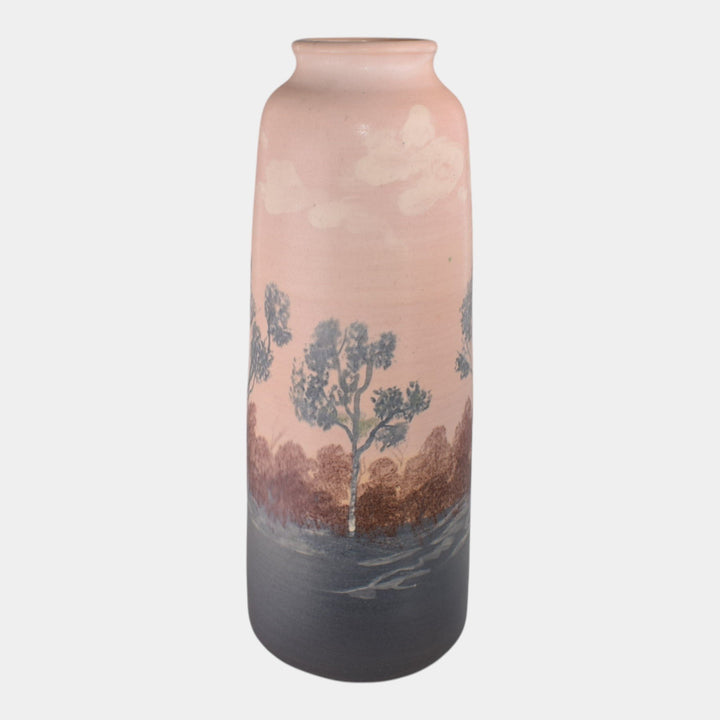 Door Studio Art Pottery Hand Thrown Blue Tan Scenic Vellum Ceramic Vase - Just Art Pottery