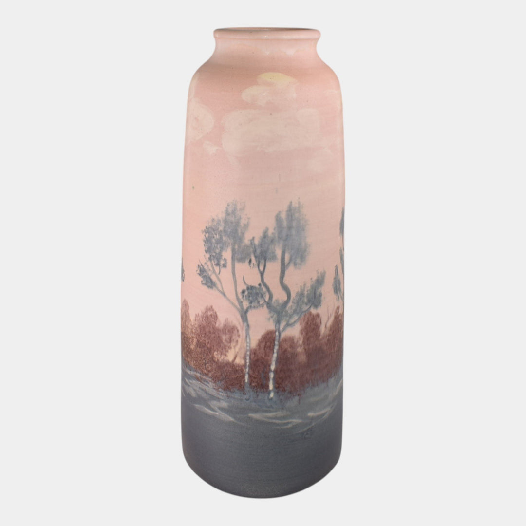 Door Studio Art Pottery Hand Thrown Blue Tan Scenic Vellum Ceramic Vase - Just Art Pottery