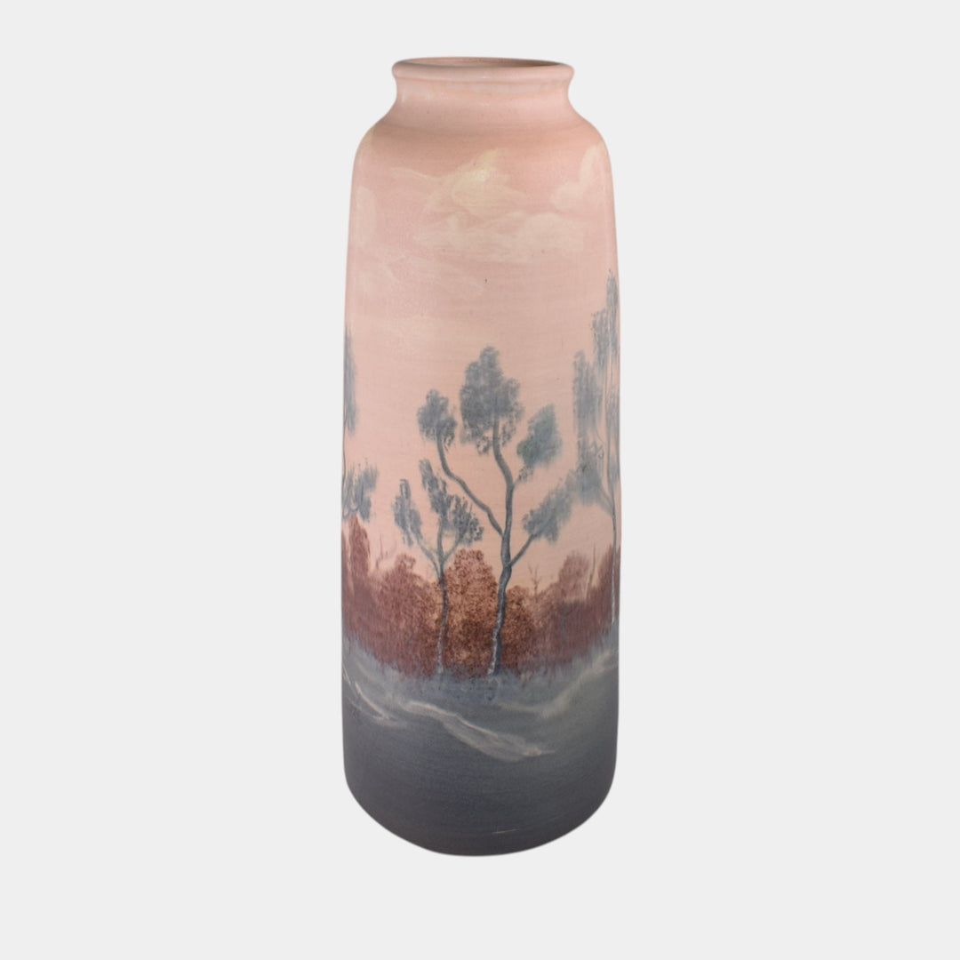 Door Studio Art Pottery Hand Thrown Blue Tan Scenic Vellum Ceramic Vase - Just Art Pottery