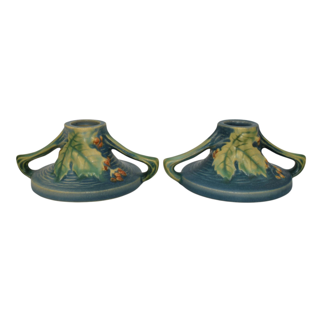 Roseville Bushberry Blue 1941 Vintage Art Pottery Ceramic Candle Holders 1147 - Just Art Pottery