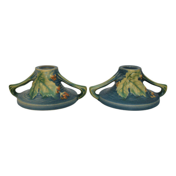 Roseville Bushberry Blue 1941 Vintage Art Pottery Ceramic Candle Holders 1147 - Just Art Pottery