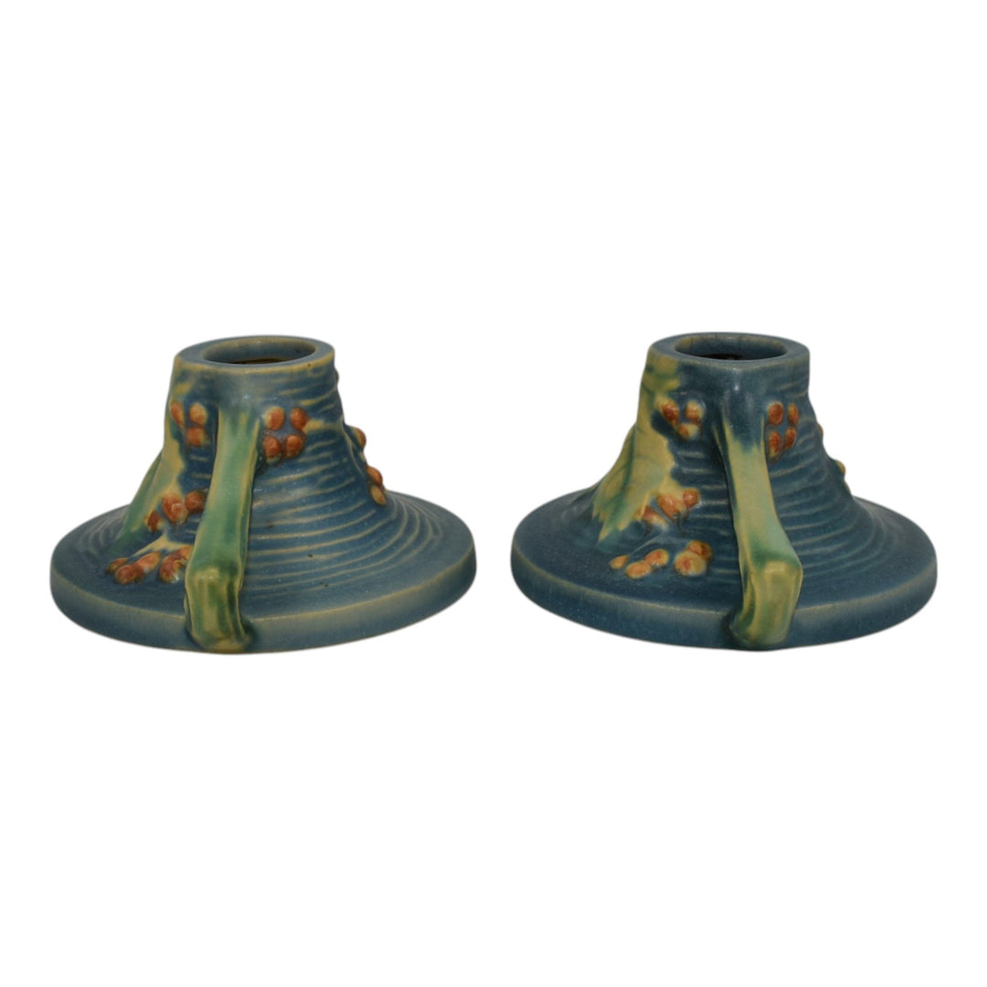 Roseville Bushberry Blue 1941 Vintage Art Pottery Ceramic Candle Holders 1147 - Just Art Pottery