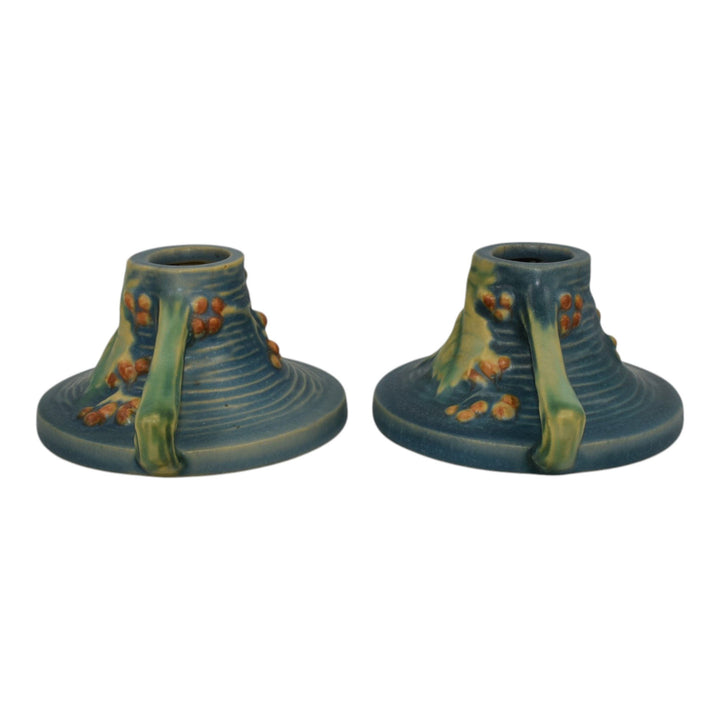 Roseville Bushberry Blue 1941 Vintage Art Pottery Ceramic Candle Holders 1147 - Just Art Pottery