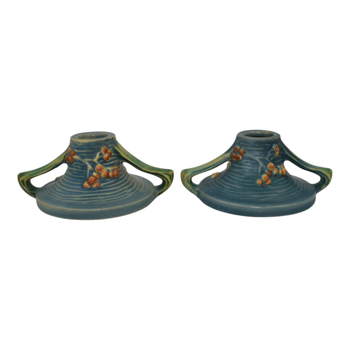 Roseville Bushberry Blue 1941 Vintage Art Pottery Ceramic Candle Holders 1147 - Just Art Pottery