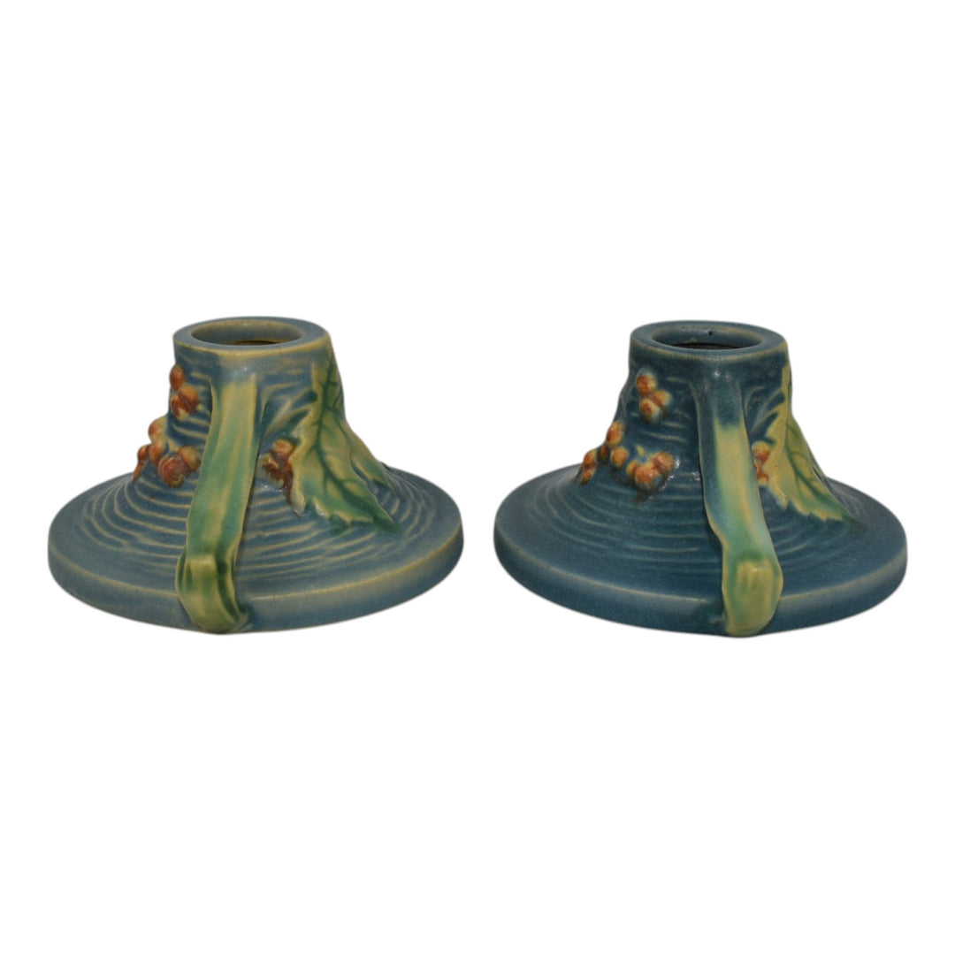 Roseville Bushberry Blue 1941 Vintage Art Pottery Ceramic Candle Holders 1147 - Just Art Pottery
