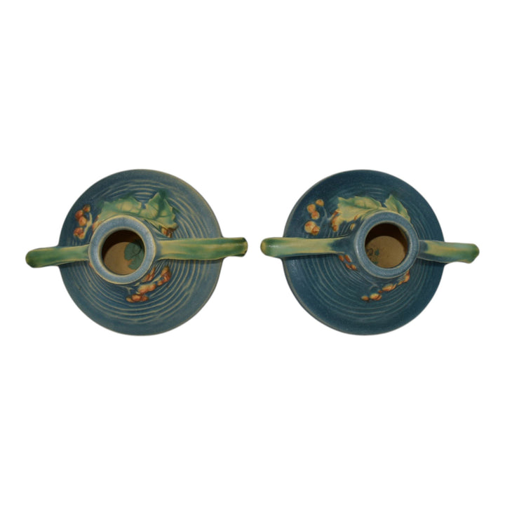 Roseville Bushberry Blue 1941 Vintage Art Pottery Ceramic Candle Holders 1147 - Just Art Pottery