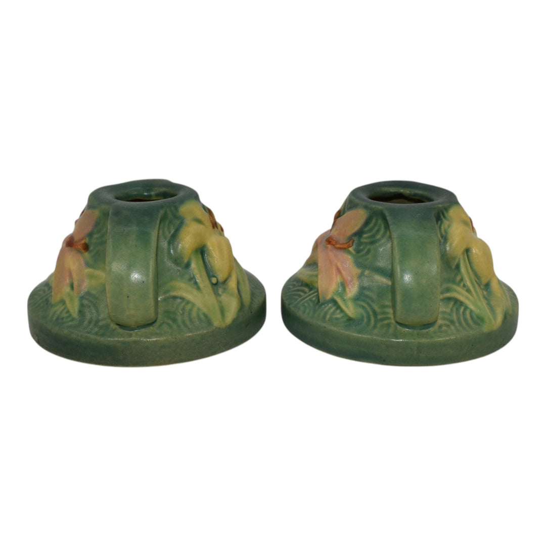 Roseville Zephyr Lily Green 1946 Vintage Art Pottery Candle Holders 1162-2 - Just Art Pottery