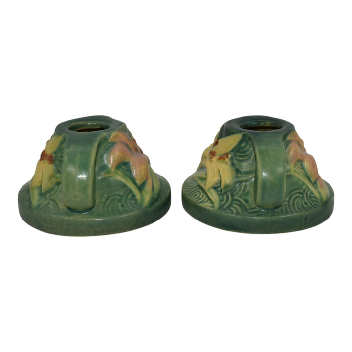 Roseville Zephyr Lily Green 1946 Vintage Art Pottery Candle Holders 1162-2 - Just Art Pottery