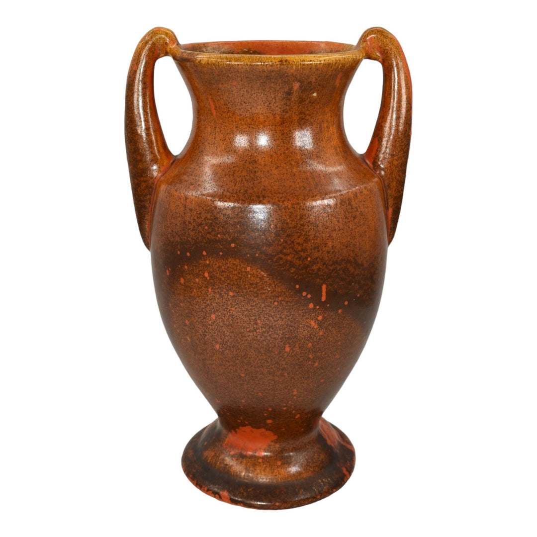 Pfaltzgraff 1930s Vintage Art Deco Pottery Orange Brown Handled Ceramic Vase