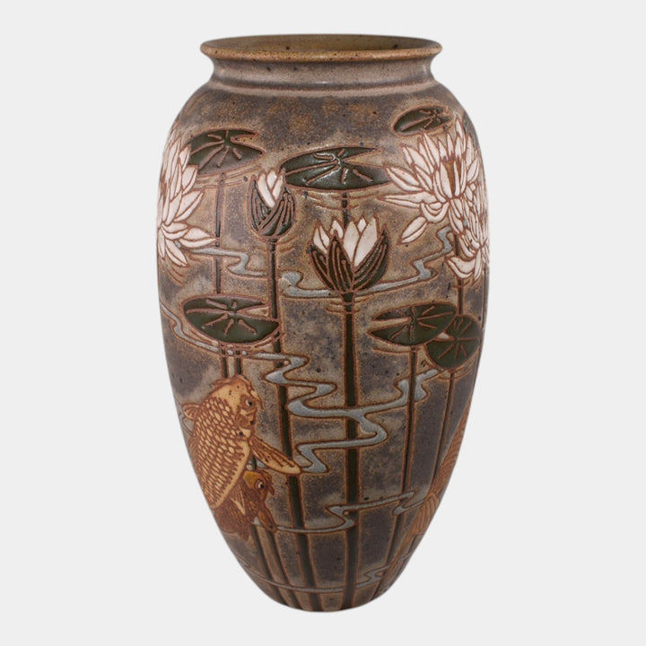 Common Ground Eric Olson Studio Art Pottery Lilypad Koi Fish Vase 481