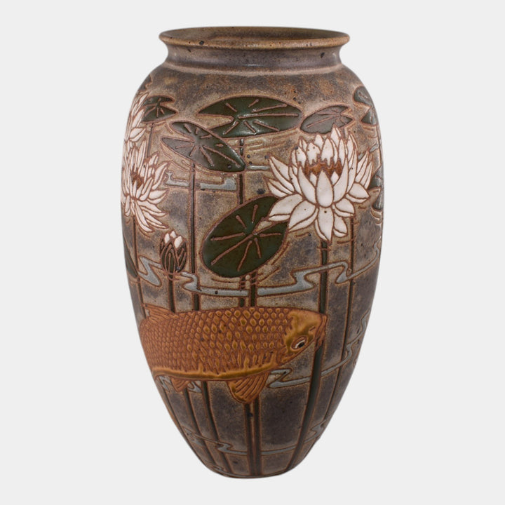 Common Ground Eric Olson Studio Art Pottery Lilypad Koi Fish Vase 481