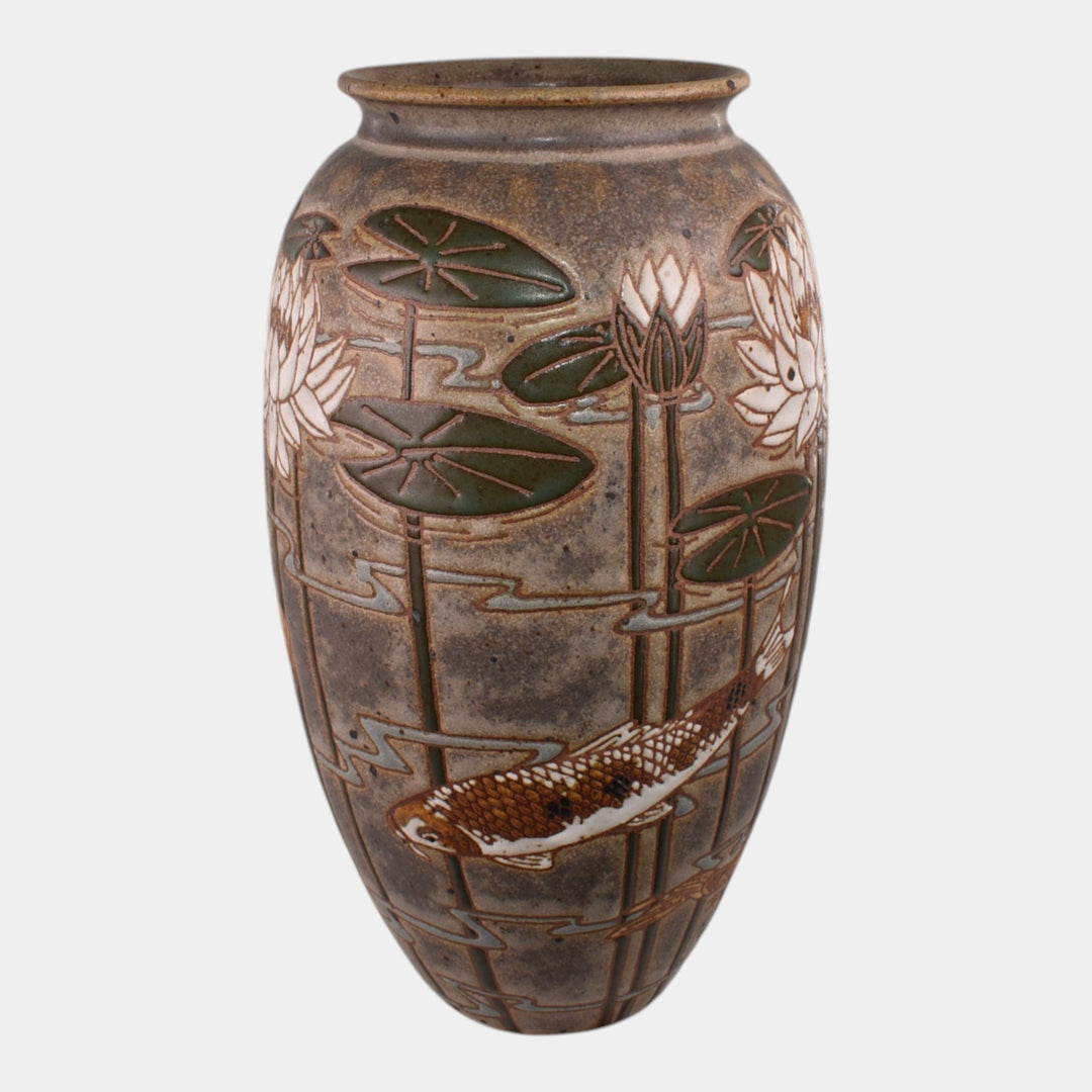 Common Ground Eric Olson Studio Art Pottery Lilypad Koi Fish Vase 481