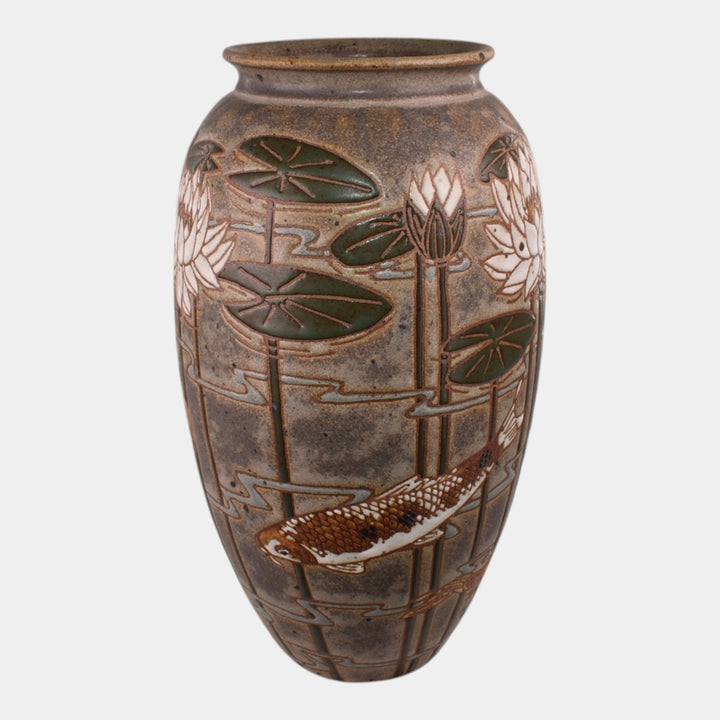 Common Ground Eric Olson Studio Art Pottery Lilypad Koi Fish Vase 481