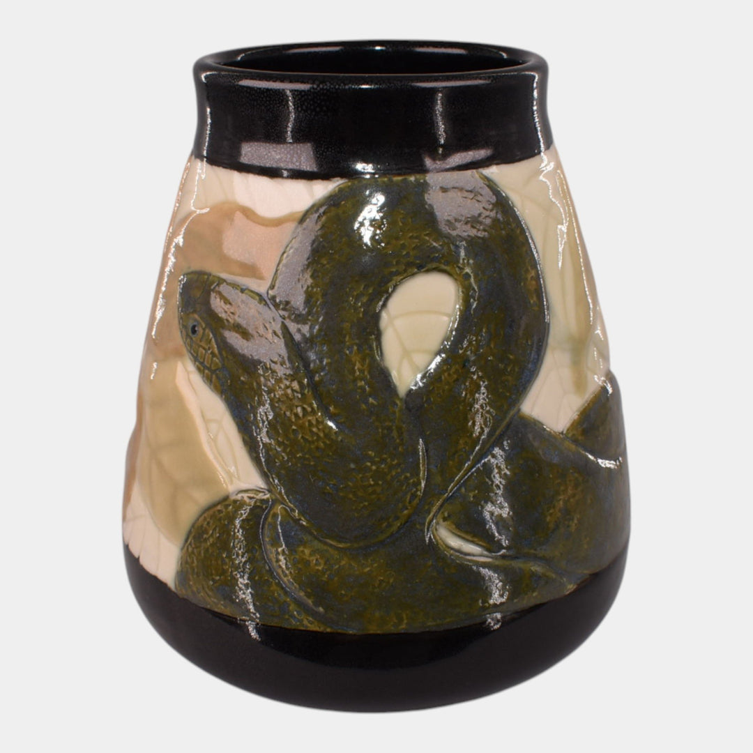 Illumine Studio Art Pottery Carved Frog And Snake In Leaves Vase