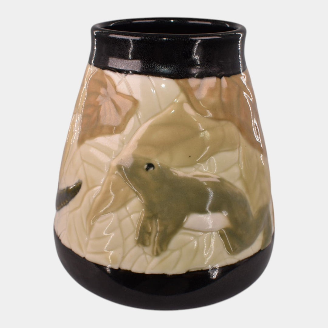 Illumine Studio Art Pottery Carved Frog And Snake In Leaves Vase