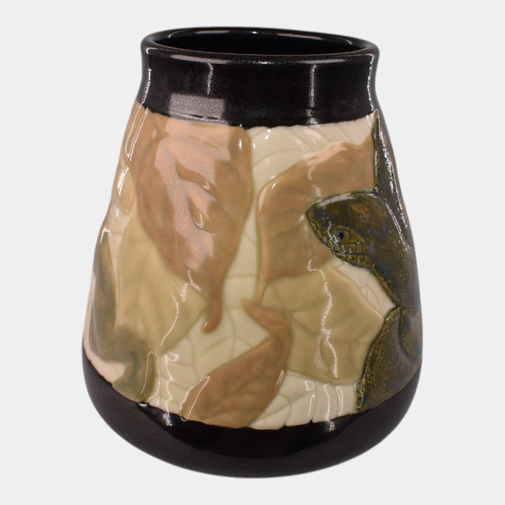 Illumine Studio Art Pottery Carved Frog And Snake In Leaves Vase