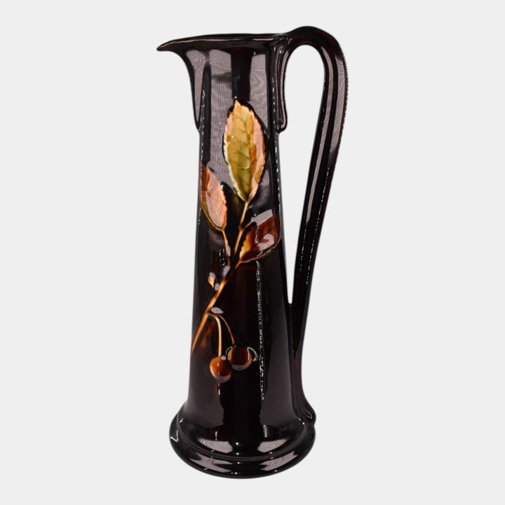 J.W. McCoy Olympia 1900s Art Pottery Standard Glaze Cherries Tall Ewer