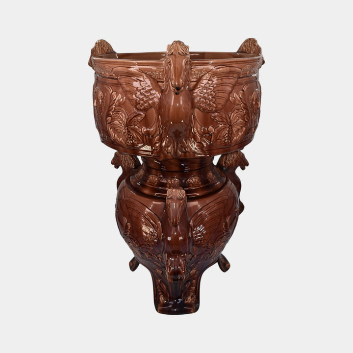 JB Owens Art Pottery Massive Pegasus Brown Majolica Jardieniere And Pedestal
