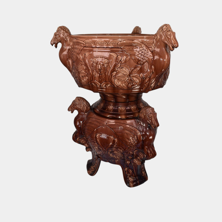 JB Owens Art Pottery Massive Pegasus Brown Majolica Jardieniere And Pedestal