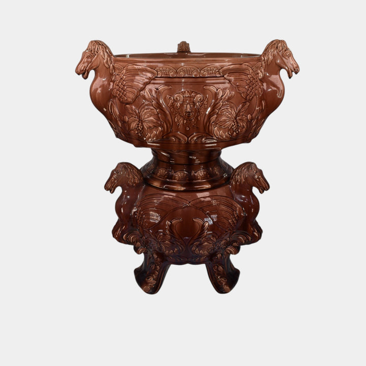 JB Owens Art Pottery Massive Pegasus Brown Majolica Jardieniere And Pedestal