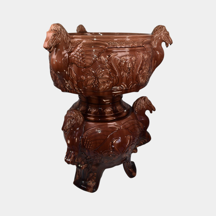 JB Owens Art Pottery Massive Pegasus Brown Majolica Jardieniere And Pedestal