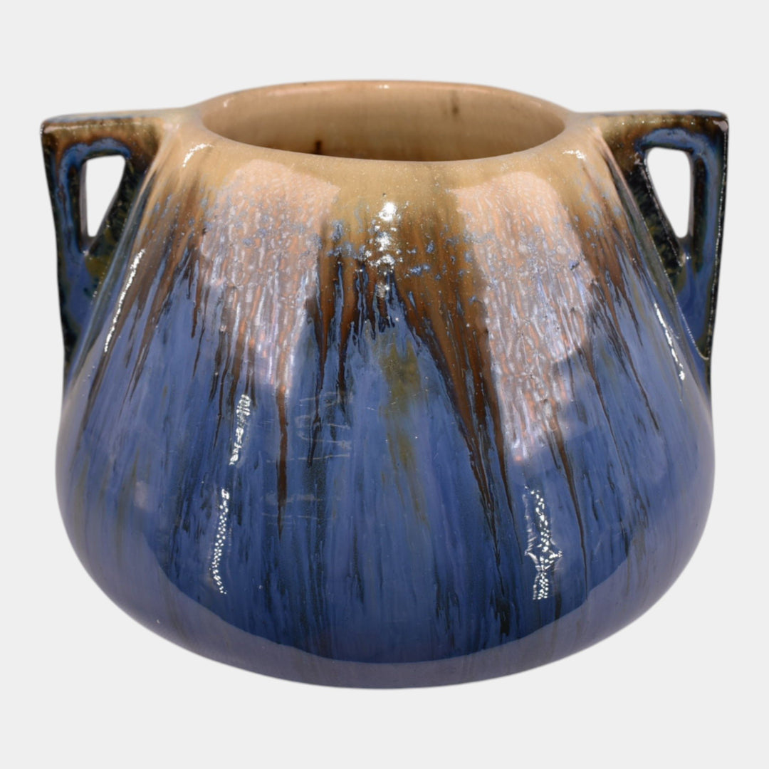 Fulper Arts And Crafts Pottery 1917-1934 Blue Glaze Tan Drip Handled Vase - Just Art Pottery