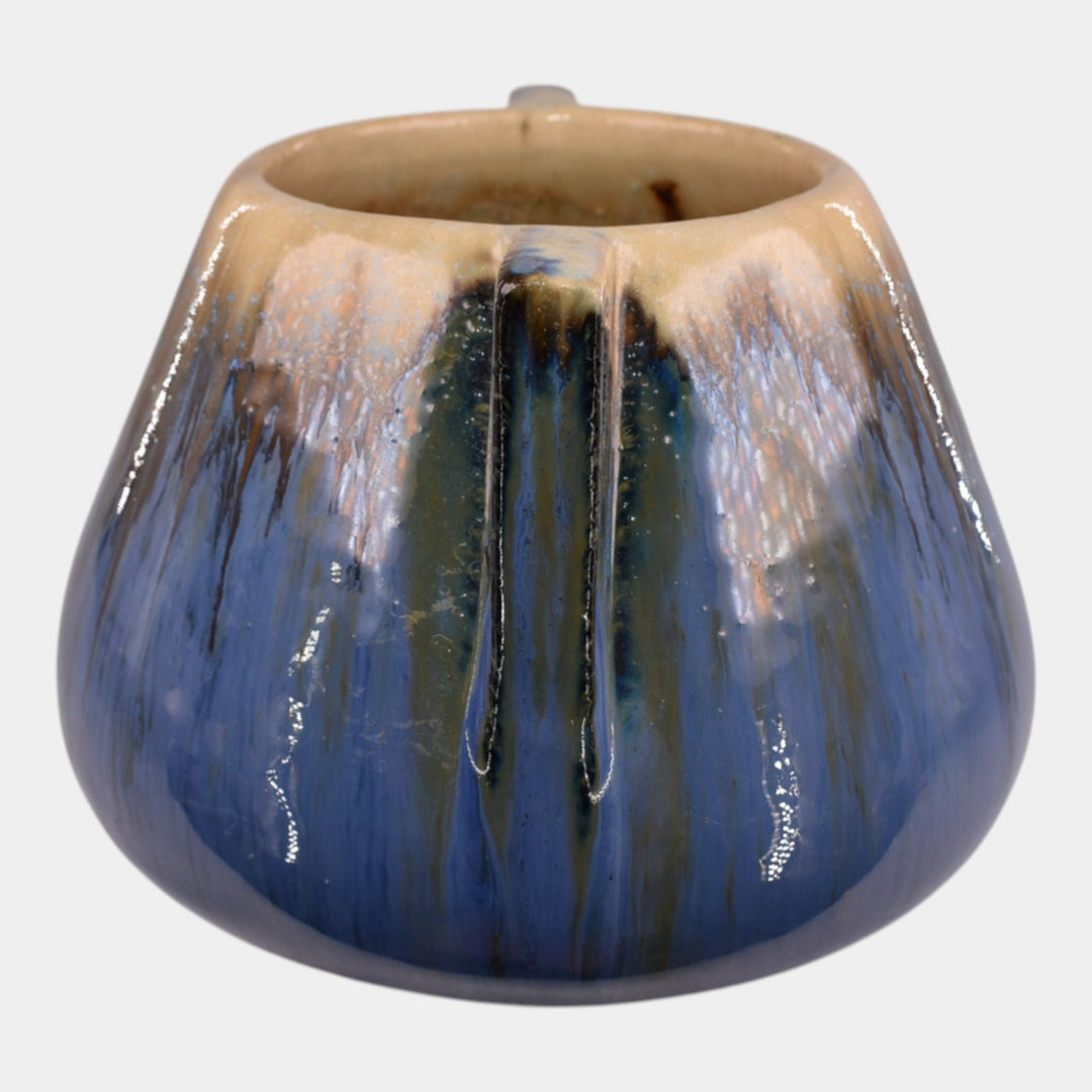 Fulper Arts And Crafts Pottery 1917-1934 Blue Glaze Tan Drip Handled Vase - Just Art Pottery