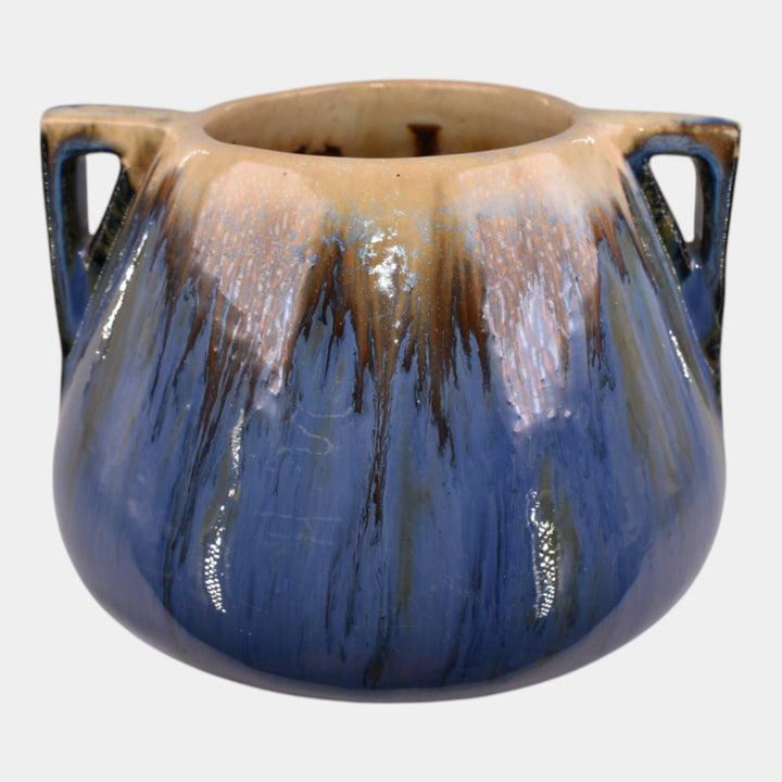 Fulper Arts And Crafts Pottery 1917-1934 Blue Glaze Tan Drip Handled Vase - Just Art Pottery