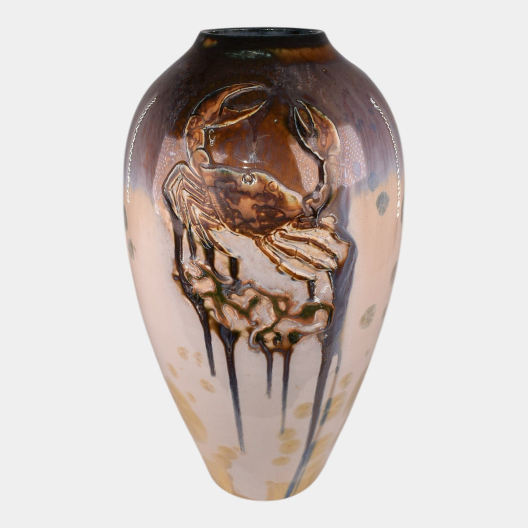 Door Studio Art Pottery Hand Thrown Ceramic Brown Drip Glaze Crab Vase Kreigh
