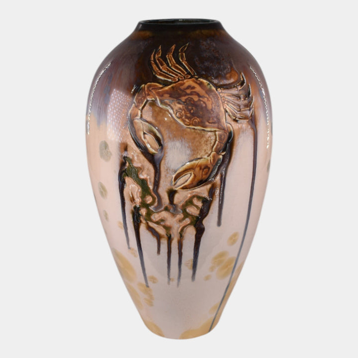 Door Studio Art Pottery Hand Thrown Ceramic Brown Drip Glaze Crab Vase Kreigh