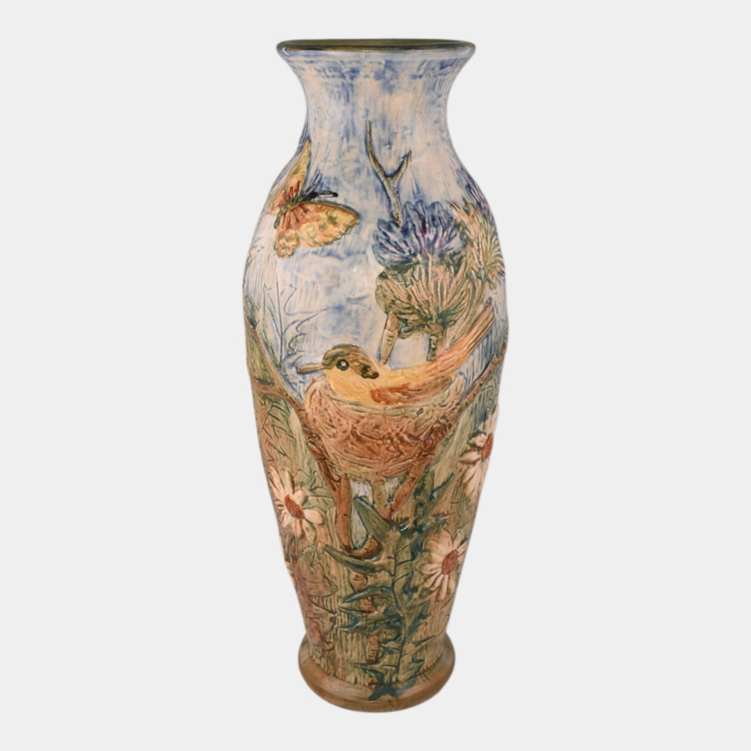 Weller Glendale 1920s Vintage Art Pottery Yellow Birds And Butterflies Tall Vase - Just Art Pottery