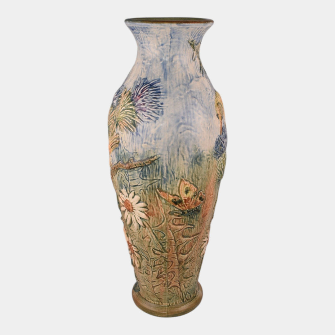 Weller Glendale 1920s Vintage Art Pottery Yellow Birds And Butterflies Tall Vase - Just Art Pottery