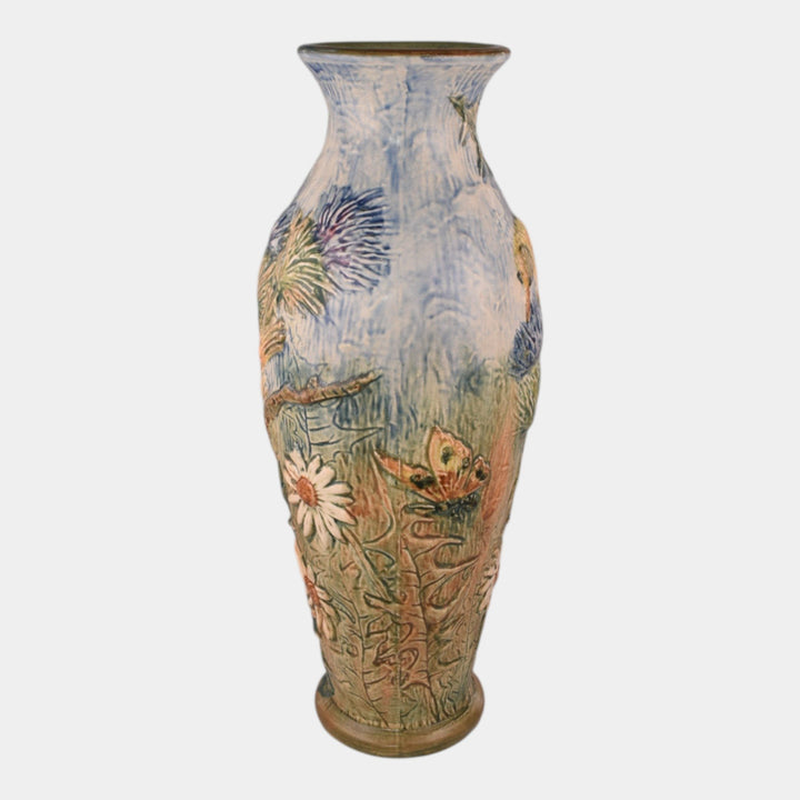 Weller Glendale 1920s Vintage Art Pottery Yellow Birds And Butterflies Tall Vase - Just Art Pottery