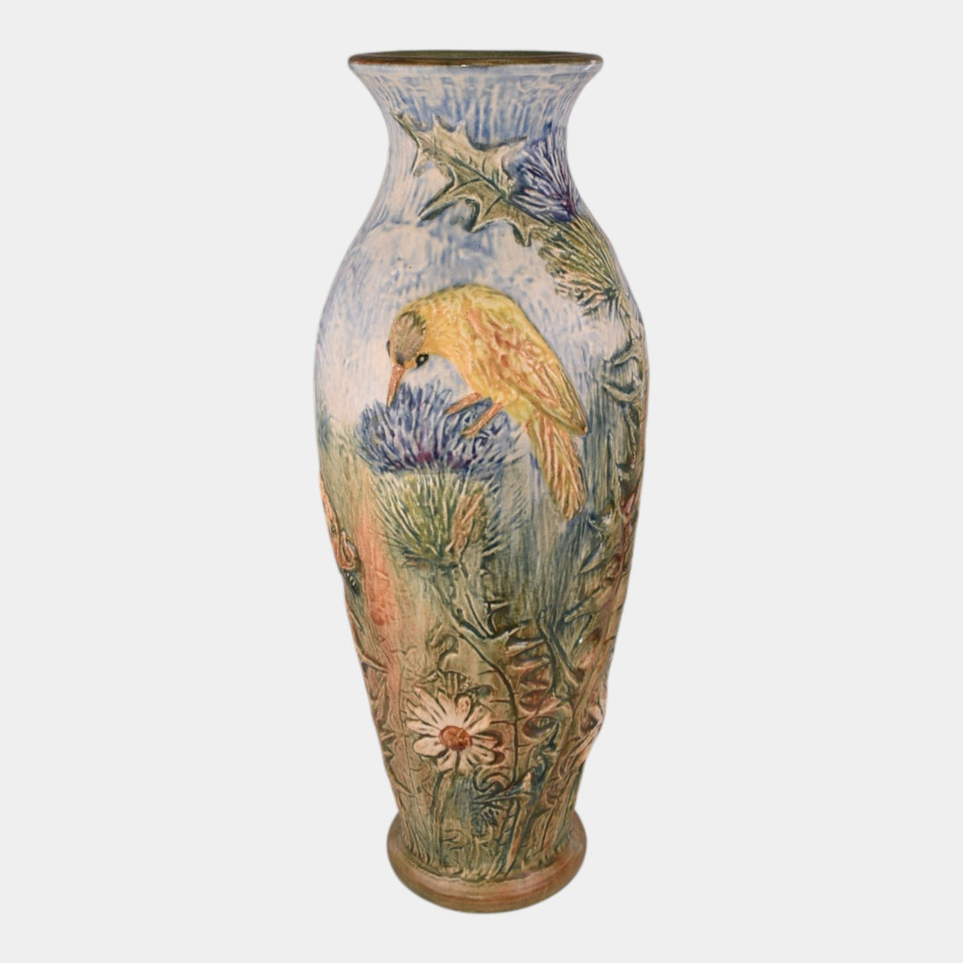 Weller Glendale 1920s Vintage Art Pottery Yellow Birds And Butterflies Tall Vase - Just Art Pottery