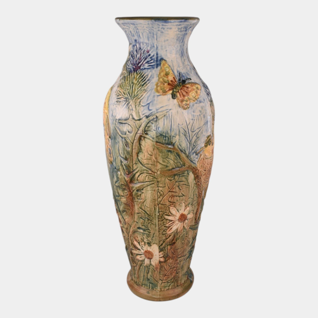 Weller Glendale 1920s Vintage Art Pottery Yellow Birds And Butterflies Tall Vase - Just Art Pottery