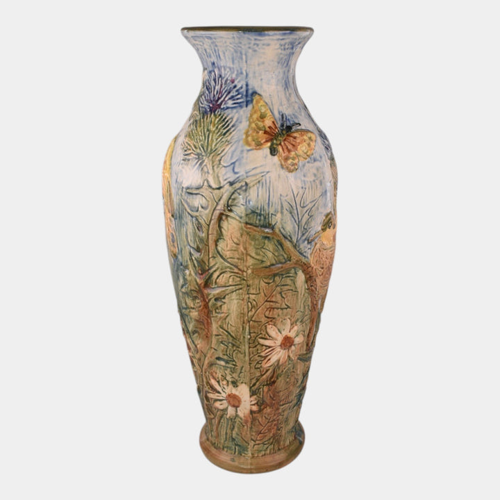 Weller Glendale 1920s Vintage Art Pottery Yellow Birds And Butterflies Tall Vase - Just Art Pottery