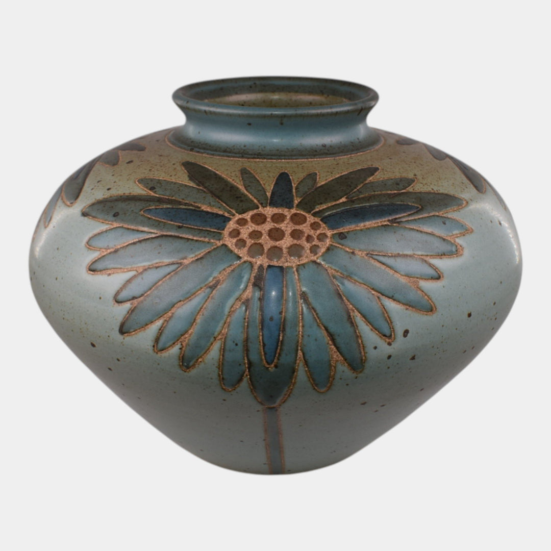 Kurt Wild Vintage Art Pottery Stylized Daisey Flower Green Blue Vase 2100
