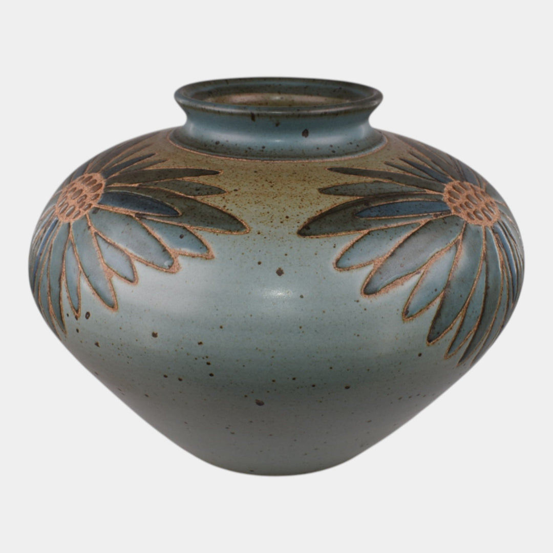 Kurt Wild Vintage Art Pottery Stylized Daisey Flower Green Blue Vase 2100