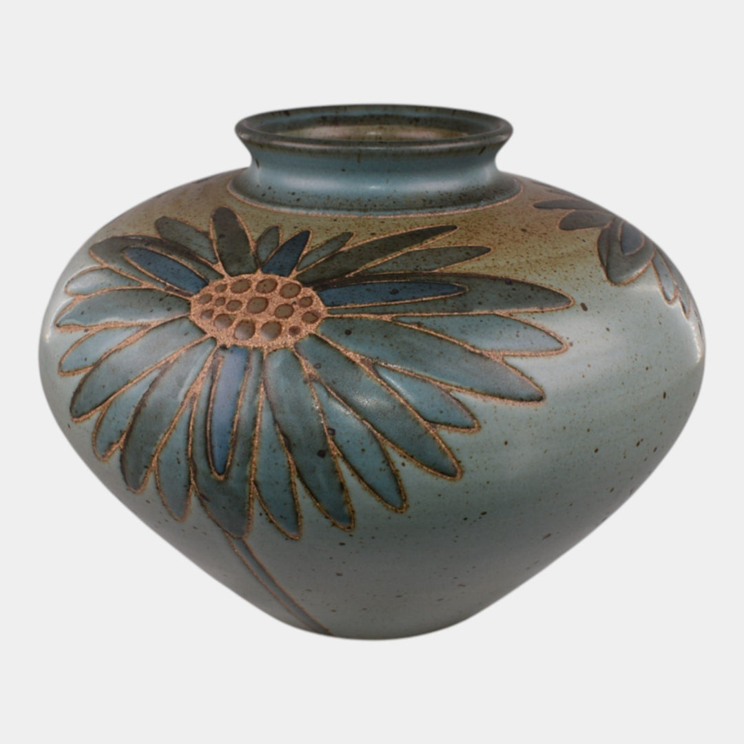 Kurt Wild Vintage Art Pottery Stylized Daisey Flower Green Blue Vase 2100