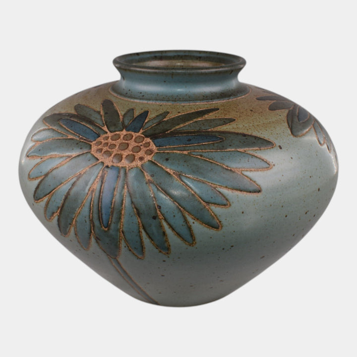 Kurt Wild Vintage Art Pottery Stylized Daisey Flower Green Blue Vase 2100