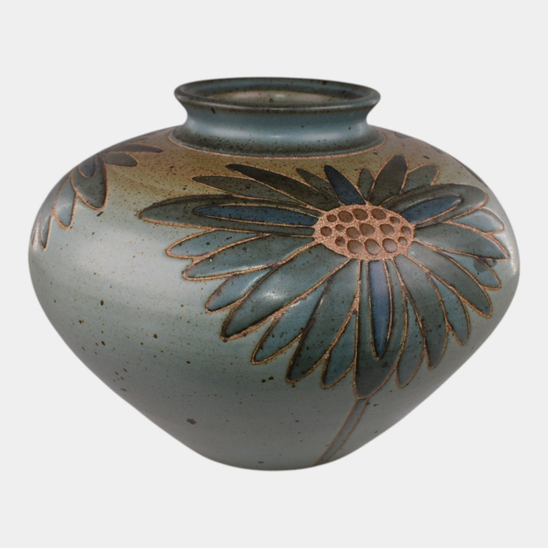 Kurt Wild Vintage Art Pottery Stylized Daisey Flower Green Blue Vase 2100