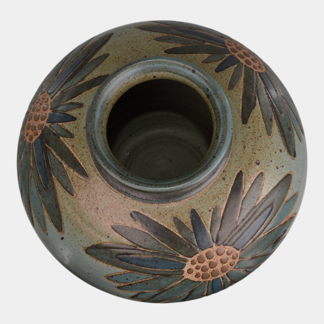 Kurt Wild Vintage Art Pottery Stylized Daisey Flower Green Blue Vase 2100