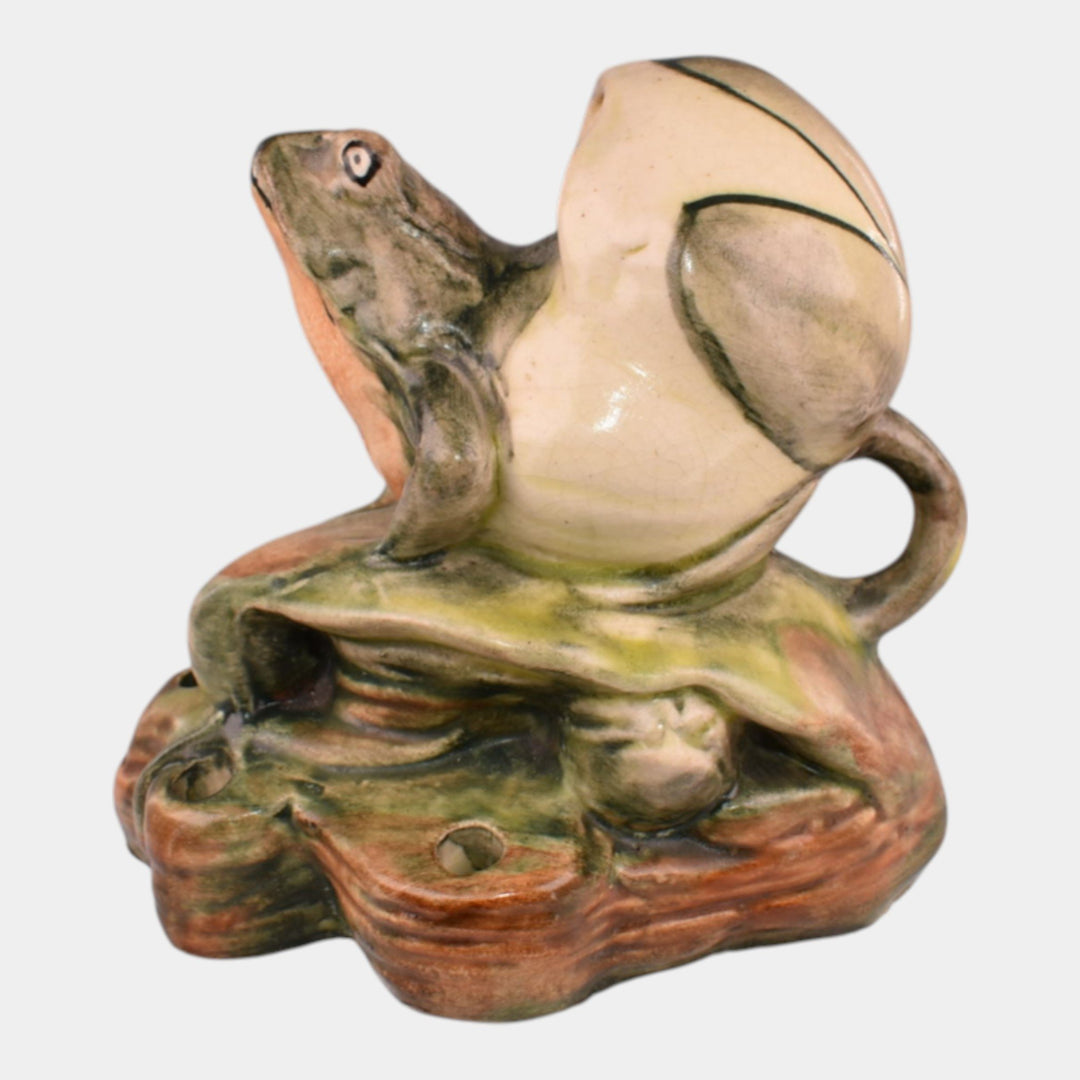Weller Muskota 1920s Vintage Art Pottery Green Ceramic Frog In Lily Flower Frog - Just Art Pottery