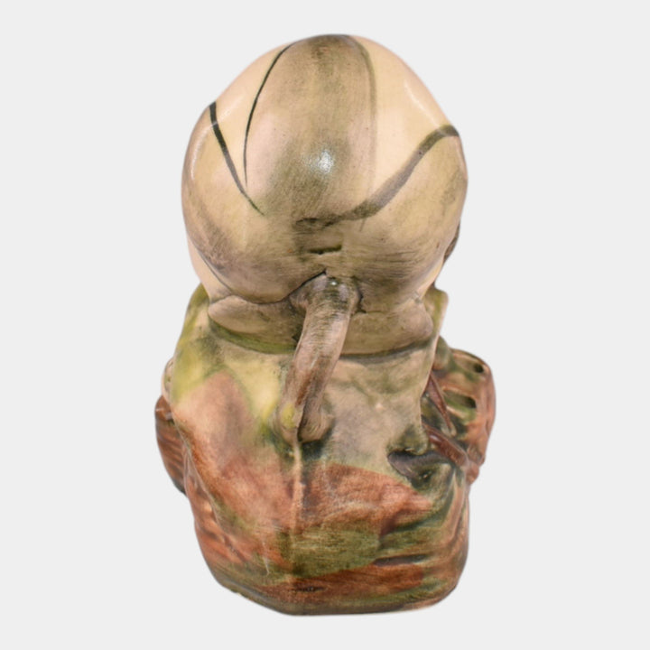 Weller Muskota 1920s Vintage Art Pottery Green Ceramic Frog In Lily Flower Frog - Just Art Pottery