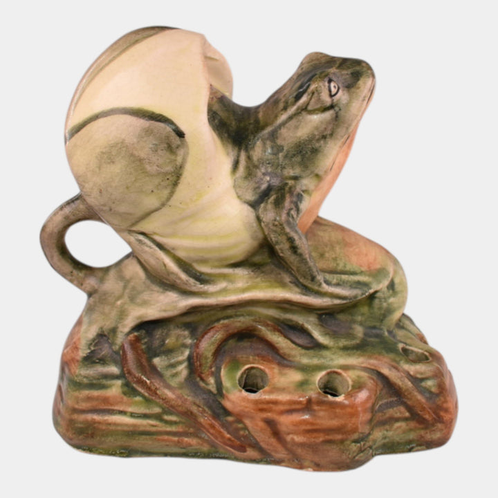 Weller Muskota 1920s Vintage Art Pottery Green Ceramic Frog In Lily Flower Frog - Just Art Pottery