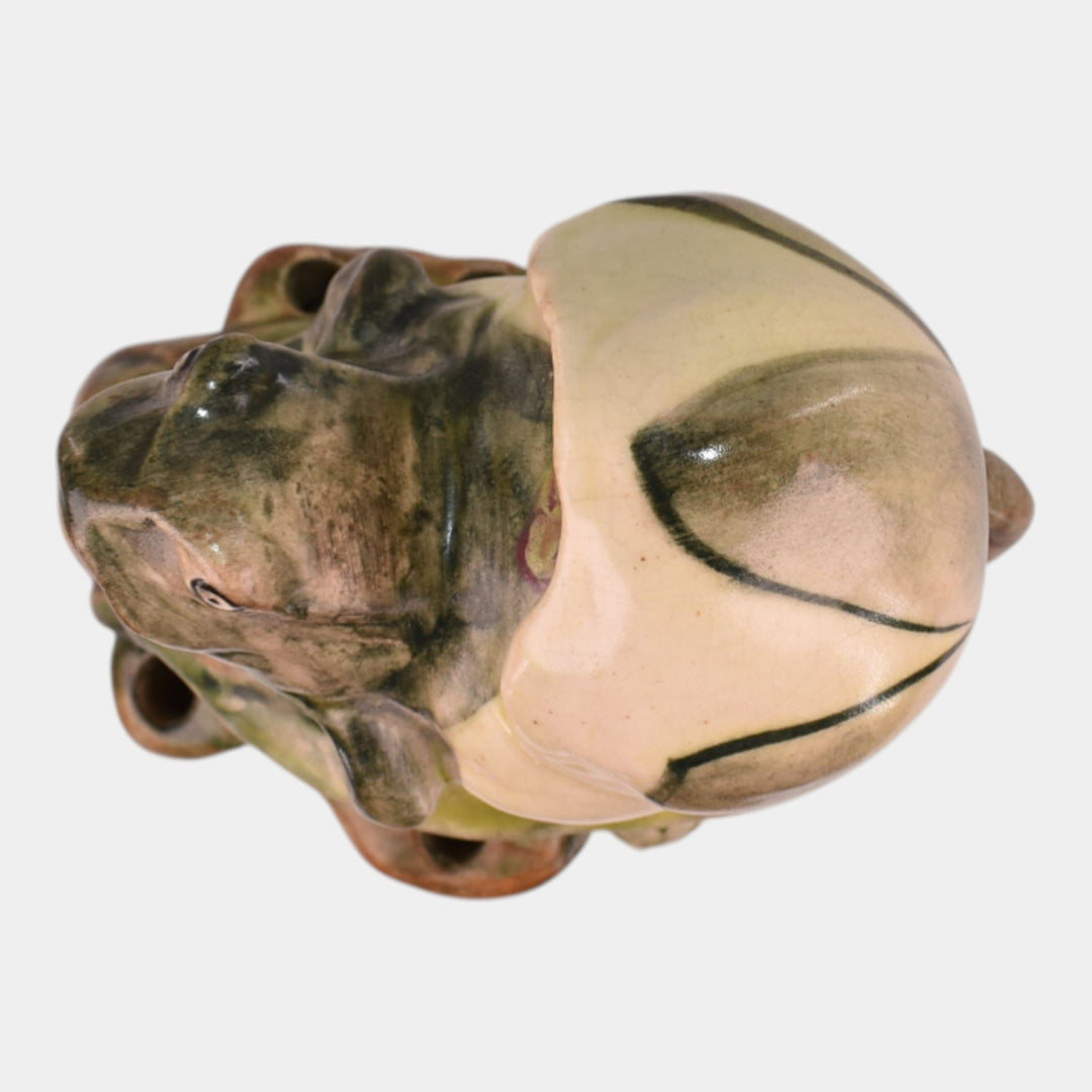 Weller Muskota 1920s Vintage Art Pottery Green Ceramic Frog In Lily Flower Frog - Just Art Pottery